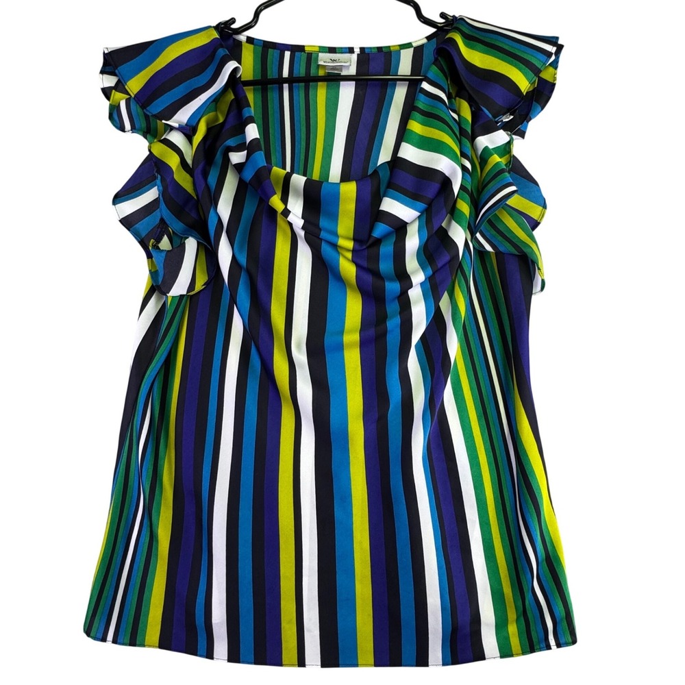 Worthington Women XL Multi-Color Striped Cowl Neck Ruffle Cap Sleeve Top
